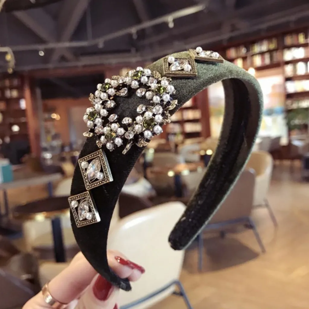 Женская повязка на голову с кристаллами широкая тканевая обруч для волос