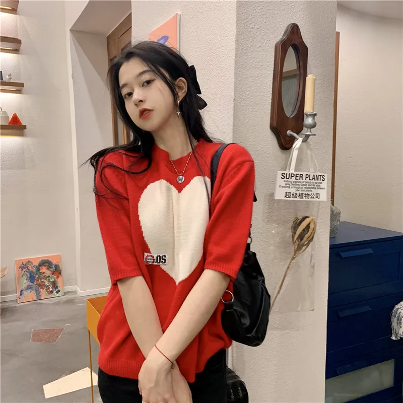 

2021 new love label short-sleeved bottoming sweater sweater