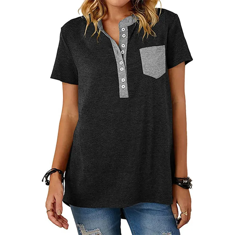 

Short Sleeve Women Fashion Shirts T-Shirts Pockets Patchwork Streetwear Black Tee Summer Button V-Neck Female Casual T-Shirt