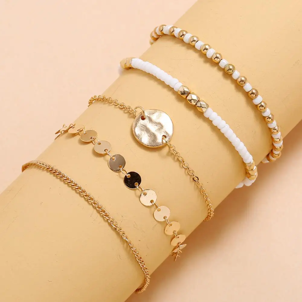Набор браслетов Wgoud Boho с бусинами для женщин, модные многослойные цепи с камнями, регулируемые браслеты с круглой ракушкой, ювелирные изделия.