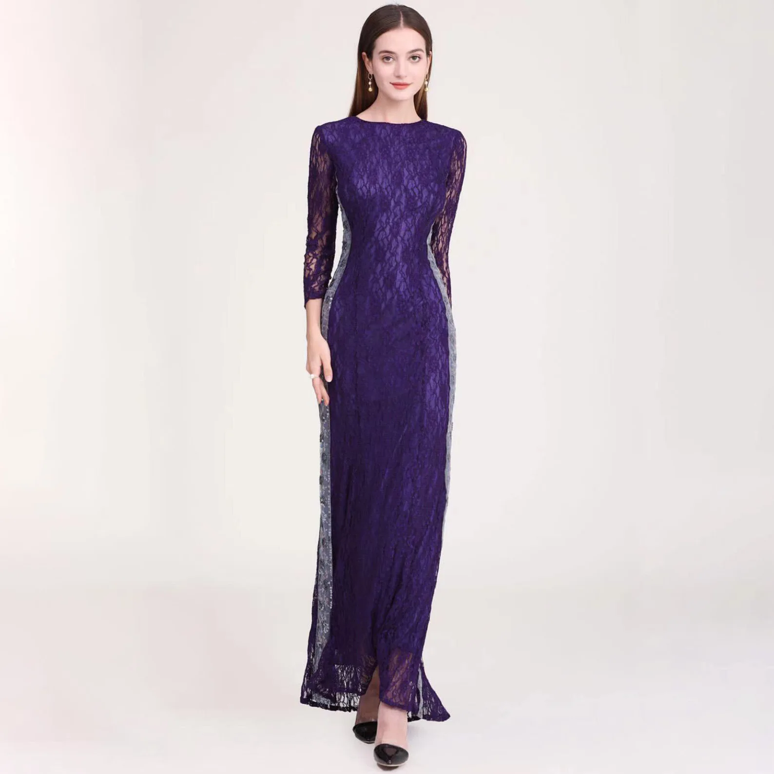 

Autumn And Winter New Muslim Dress Lace Slim Long-sleeved Dress Temperament Dress Skirt Slim Evening Dress Lady Jalabiya Dress