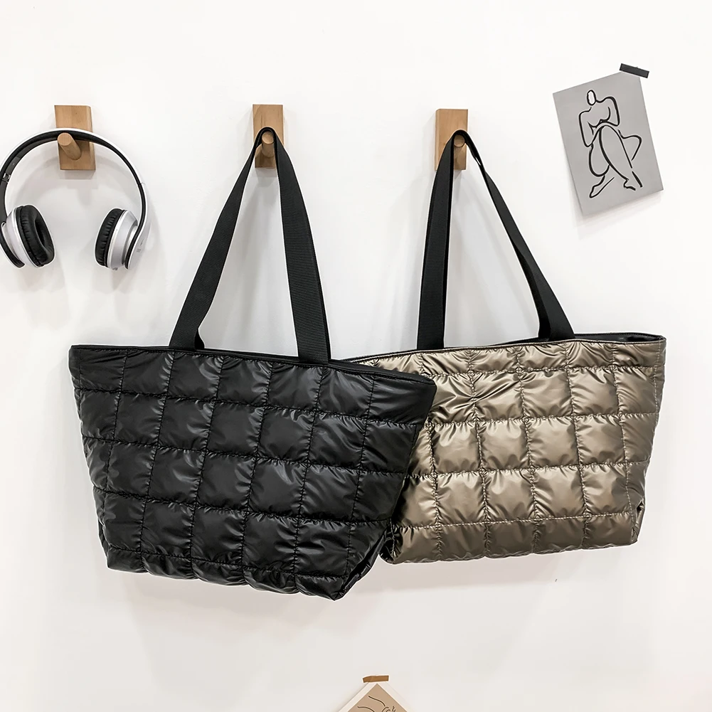 

Fashion Autumn Winter Tote Handbag Women Space Cotton Lattice Solid Color Shoulder Bag Ladies Casual Large Capacity Shopping Bag