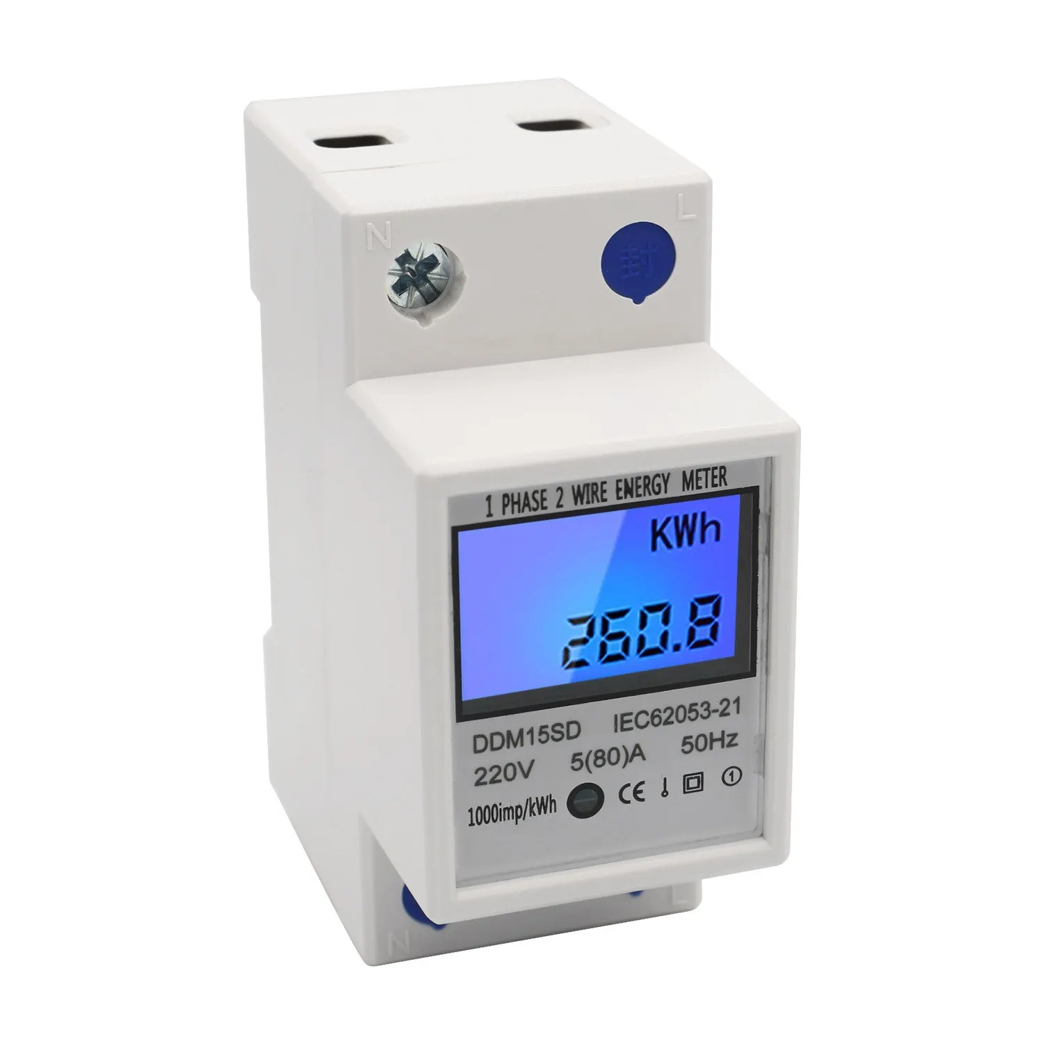 

Single Phase DIN-Rail Energy Meter 5-80A 220V 50Hz Electronic KWh Meter with LCD Backlight Digital Display DDM15SD