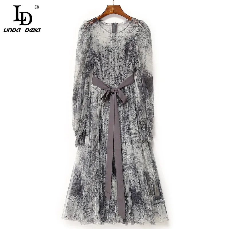 

LD LINDA DELLA New 2021 Women's Summer Runway Vintage Party Dress Long Lantern sleeve Belt Gray Printed Mesh Midi Dress Vestidos