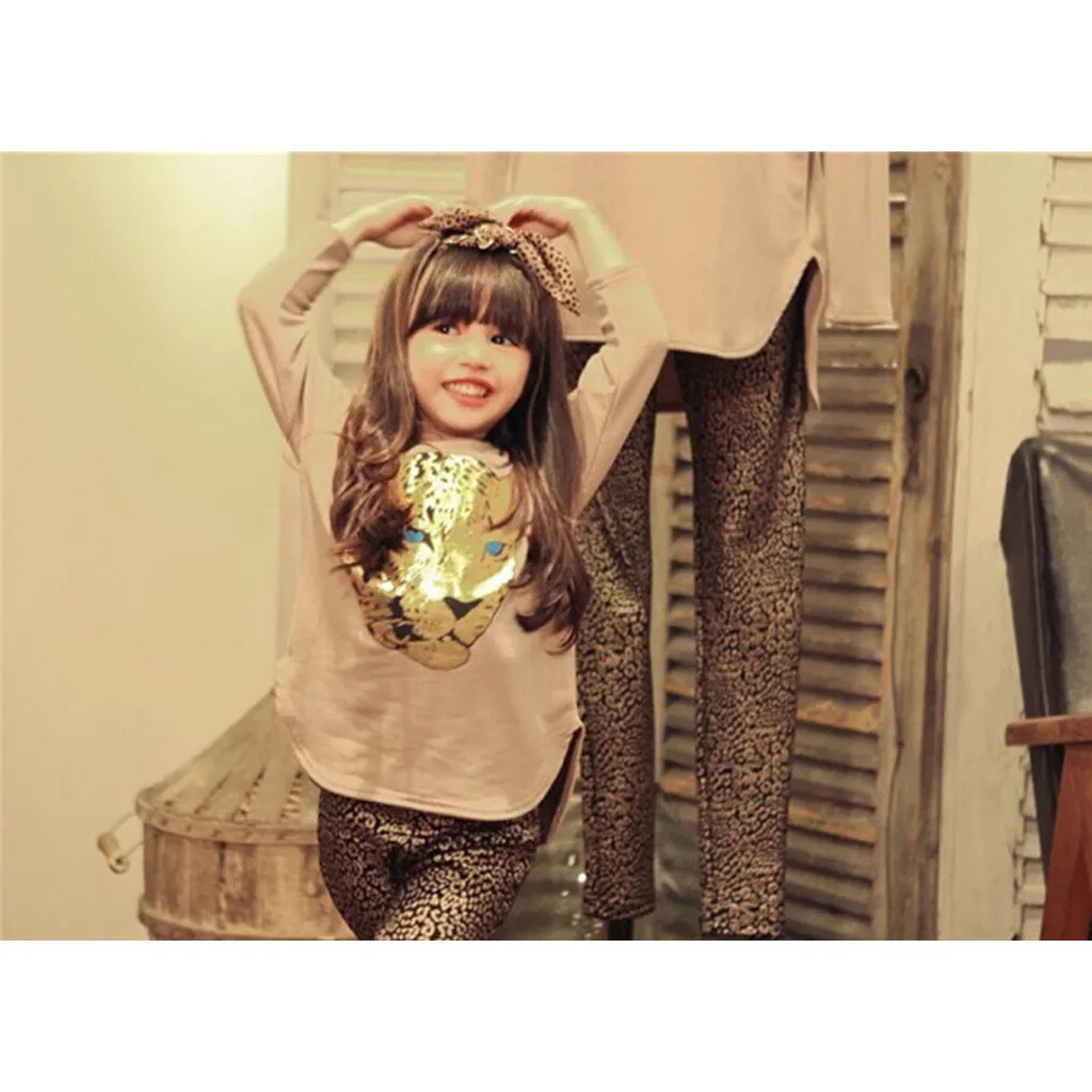 Одежда для маленьких девочек топы с длинными рукавами и принтом тигра + штаны