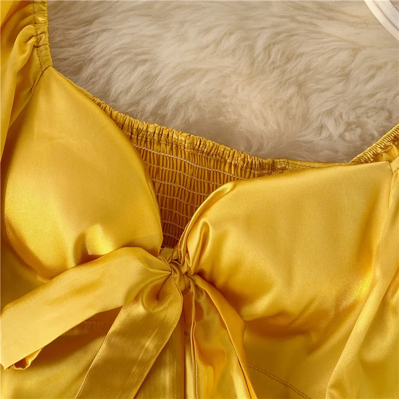 

Sexy Slash Neck Faux Silk Blouse Square Collar Pleated Slim Bowtie Satin Shirts Puff Sleeve Backless Crop Tops Blusas Mujer