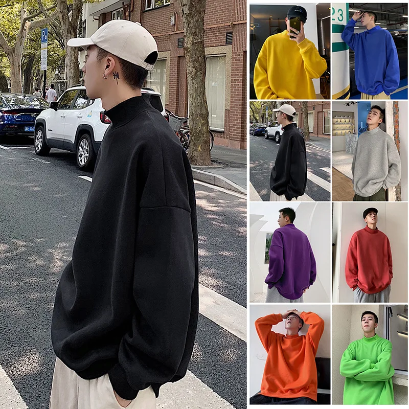 

Customize your LOGO youth fall/winter half high round neck plus velvet casual loose long-sleeved pullover men sweater