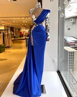 single long sleeve evening dresses 2021 sparkly crystals high neck royal blue side slit sexy formal party gowns