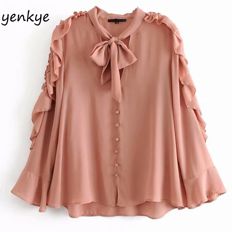 2019 Женская многослойная Цветочная шифоновая блузка с оборками женский галстук