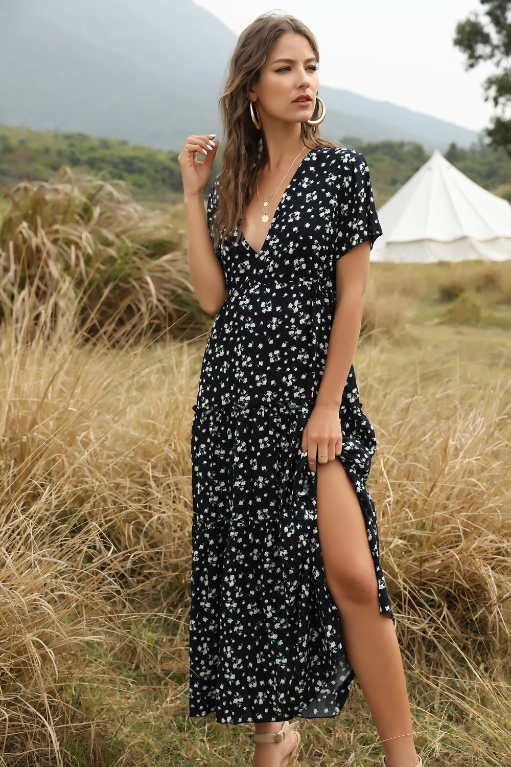 

Floral Print Summer Long Women Dress 2021 Deep V Neck Short Sleeve Sexy Elegant Ruffles Dress Beach Bohemian Vestidos Clothing