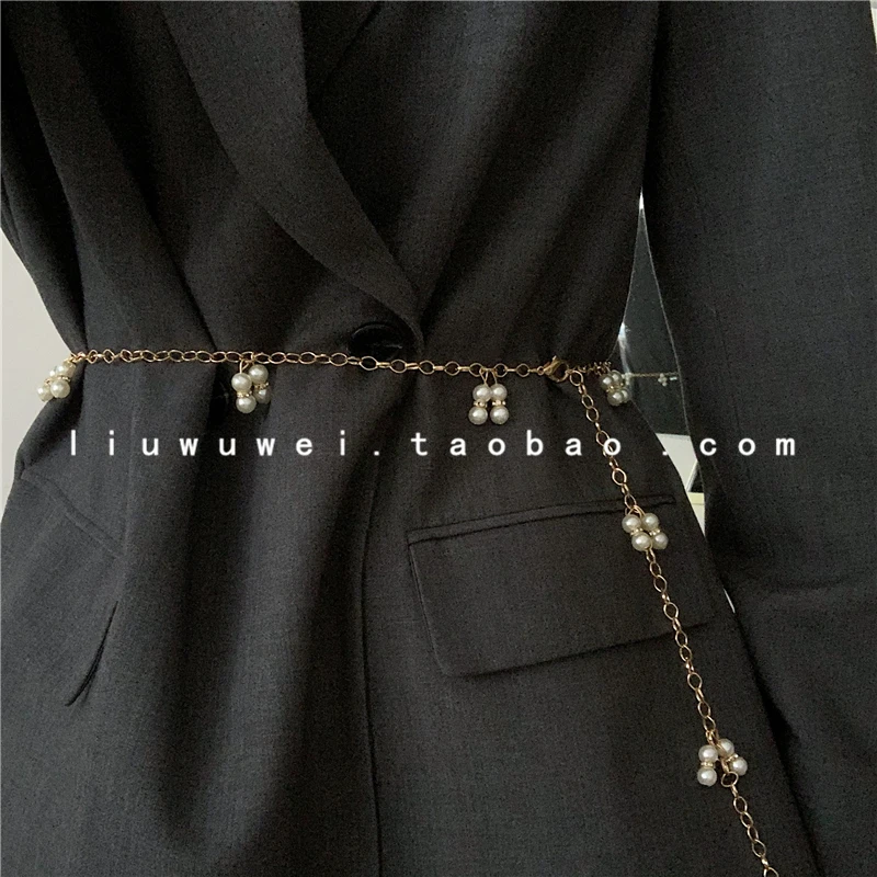 

French Style Vintage Pearl Belt Women's Fashion Suit Dress Sweater Decoration Slimming Metal Chain Waist Seal