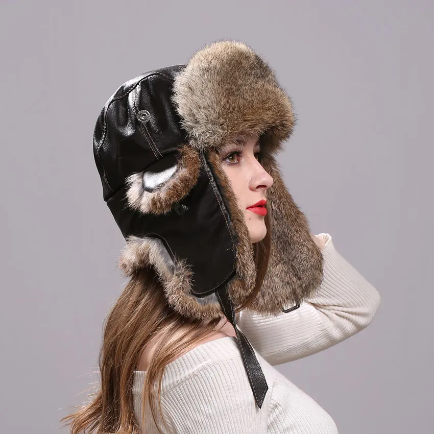 

ICYMI Winter Bomber Hat with Genuine Leather Real Rabbit Fur Snowboard Caps with Ear Flaps Russian Real Fur Trapper Women's Hats