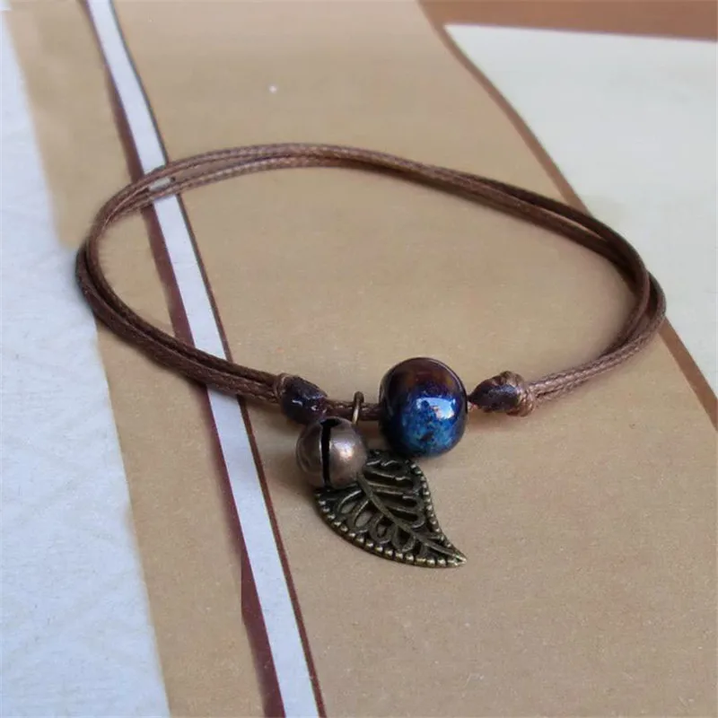 

New Fashion Simple Vintage Leaf Pendant Ceramic Beaded Bracelets Anklets Original Hand-woven Bracelets For Women Accessories