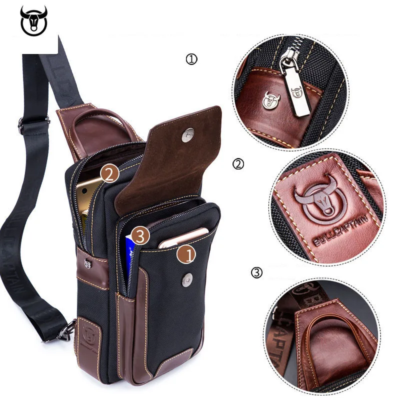 BULLCAPTAIN Hot Men's Genuine Cowhide Leather Casual Fashion Chest Bag Over Shoulder Crossbody For Male