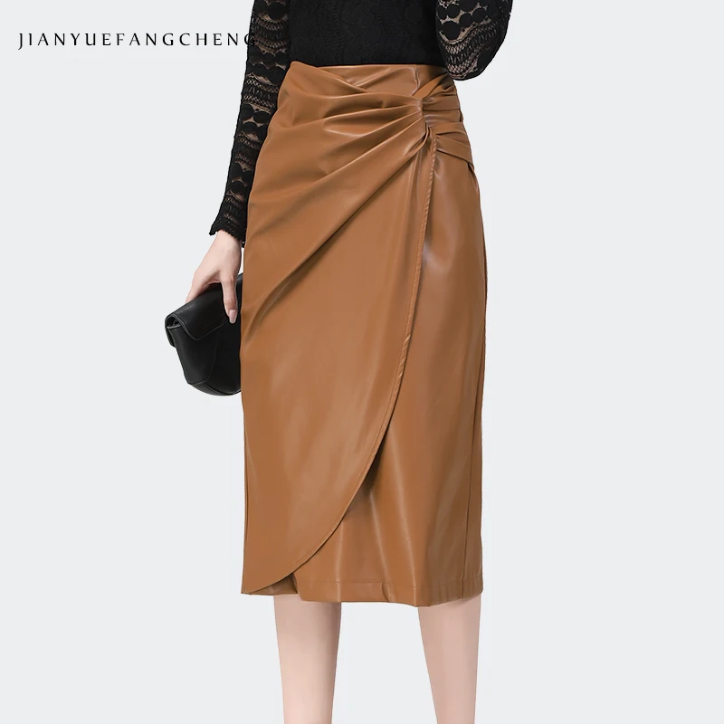 Fashion Women High Waist PU Leather Pencil Skirt Fashion Bow-Knot Shirring Asymmetrial Design Elegant Slim Mid-Length Skirts