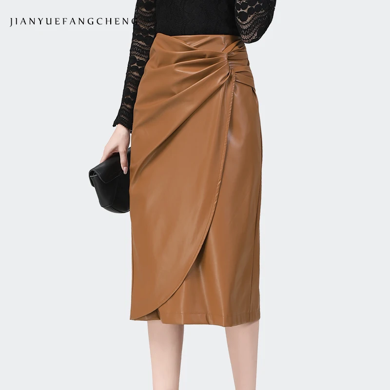 

Fashion Women High Waist PU Leather Pencil Skirt Fashion Bow-Knot Shirring Asymmetrial Design Elegant Slim Mid-Length Skirts
