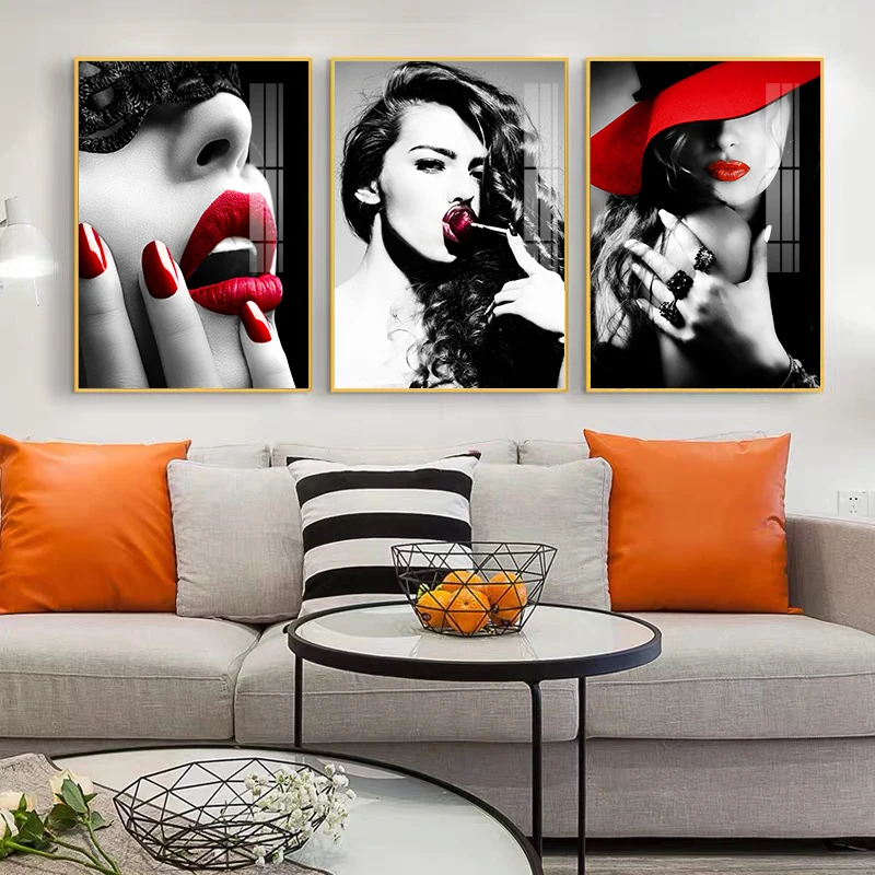 

Canvas Painting Nordic Wall Pictures For Home Decor Posters Prints Modern Fashion Women Red Lips Nail Wall Art Sexy Lady Masked