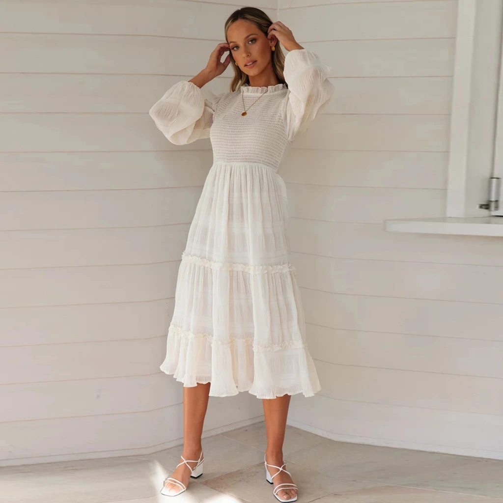 Женское шифоновое платье макси с рукавом фонариком и круглым вырезом|Женские