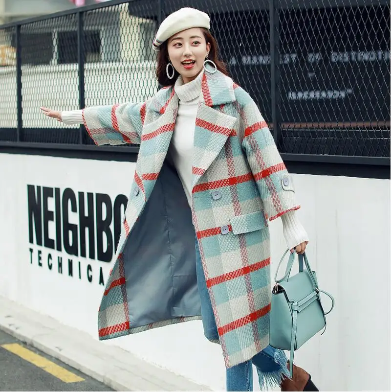 

Autumn Winter Wool Women Plaid Pockets Office Work Long Coats Fashion Brand Lady loose lapel long-sleeved coat free shipping