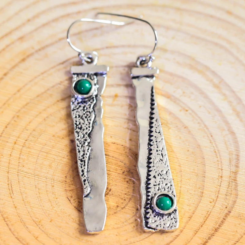 

Bohemian Ethnic Earrings For Women Featured Green Stone Sickle Serrated Long Drop Earrings Vintage Jewelry H4D231