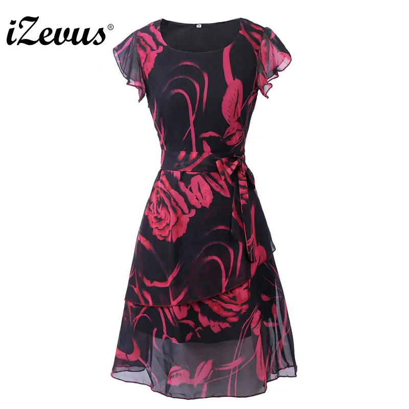 

IZEVUS Women O Neck Flounce Sleeve Floral Print Chiffon Dress Shirred Panel Layered Ruffle Hem Floral A Line Chiffon Dress