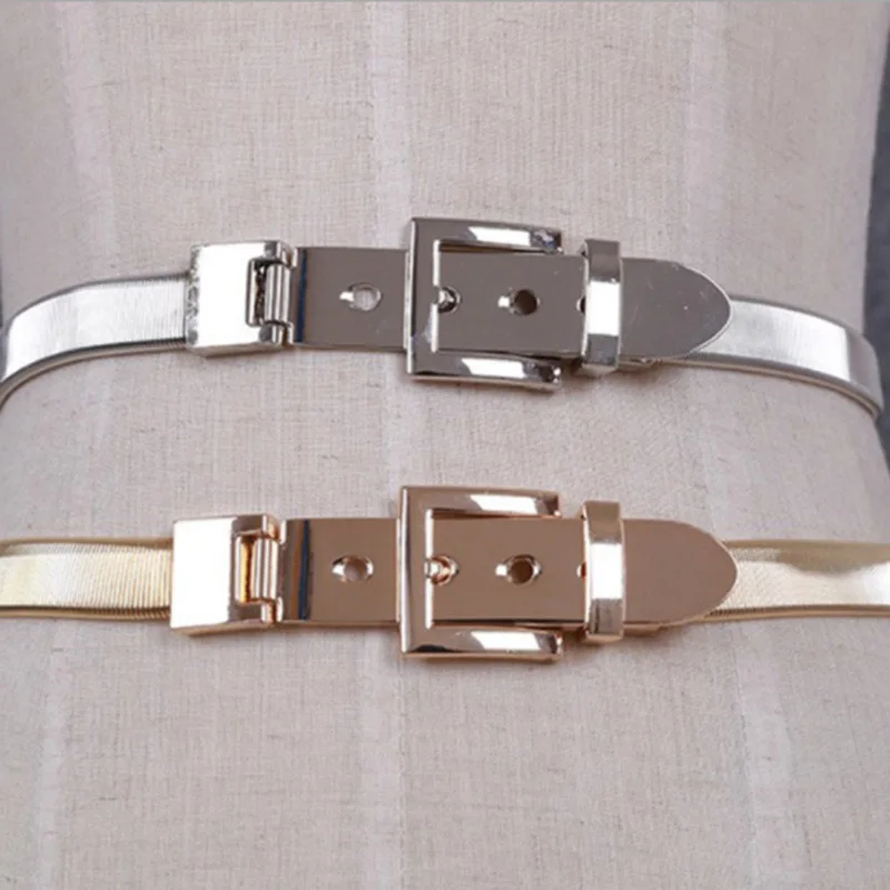 

Women Gold And Silver Full Metal Elastic Chain Belt Metal Pin Clasp Buckle Waistband 2021 Fashion Belts