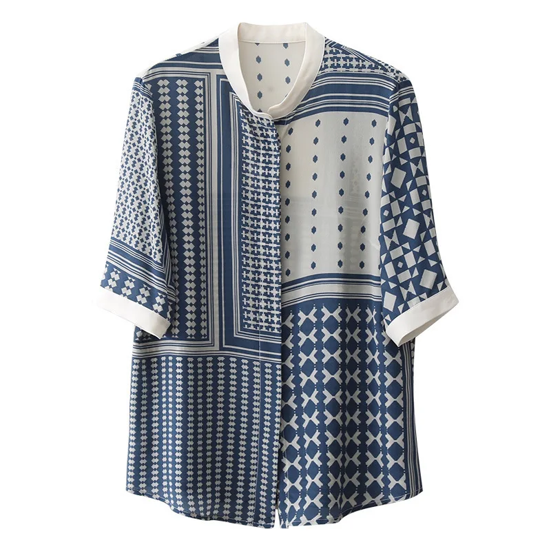 

Summer new style retro plaid striped shirt with sleeves and stand collar design niche silk top women