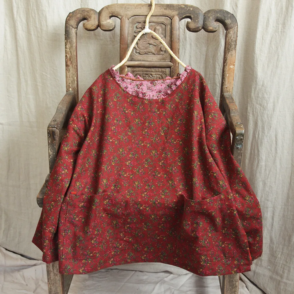 

Women Loose Cute Cotton Linen Floral Shirt tops Ladies Vintage Flower Cotton Flax Blouse Shirt Pockets Shirts 2020 Autumn Spring