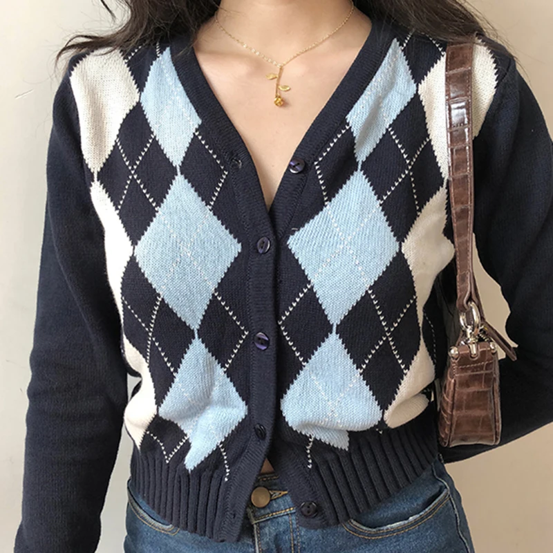 

Vintage V-Neck Plaid Long Sleeve Women Sweater 2020 Autumn Winter Short Knitted Cardigan Sweaters Womes England Style Tops