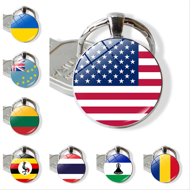 

WG 1pc National Flag Time Gem&stone Keychian Keyring Metal Glass Ball Cabochon Keychain National Flag Jewellry
