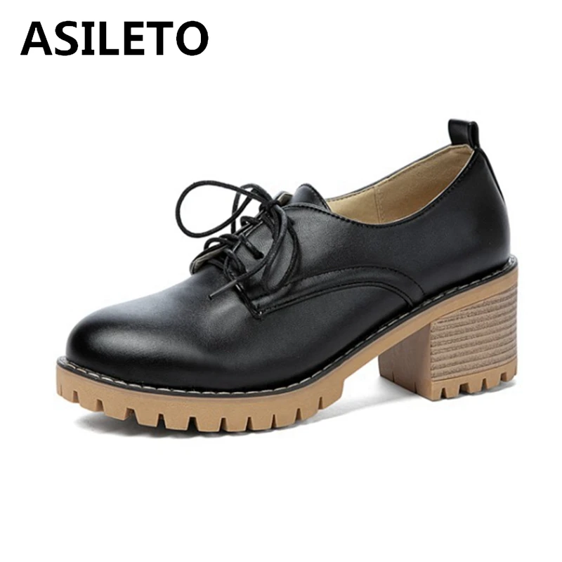 

ASILETO 2021 Ретро женские туфли-лодочки на платформе со шнуровкой в студенческом стиле с круглым носком 5 см на массивном каблуке размер 33-43 Черн...