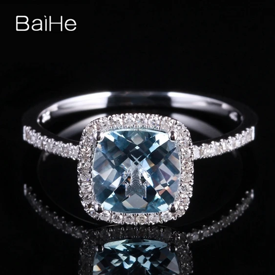 BAIHE Solid 14K белое золото около 1.2ct сертифицированная Подушка CUT Натуральный аквамарин свадебные женские ювелирные изделия уникальный подарок кольцо