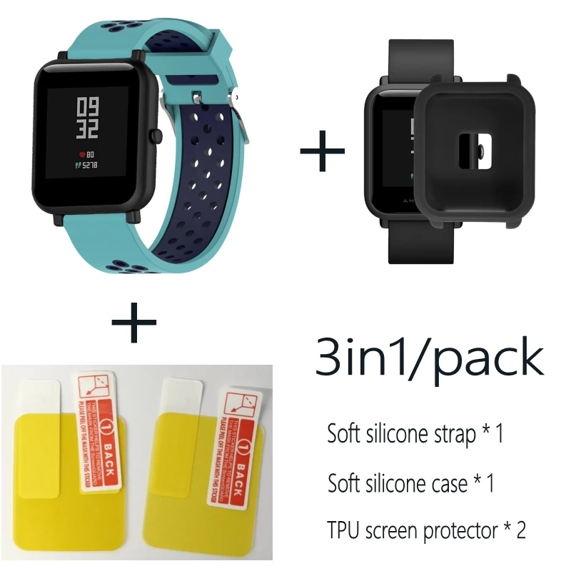 Green blue-Black 3в1 Для Xiao mi Hua mi Amazfit Bit ремешок BIP PACE Lite Молодежные умные часы mi Fit braceket+ силиконовые полосы+ мягкий чехол+ 2 пленки для экрана - Цвет: Green blue-Black