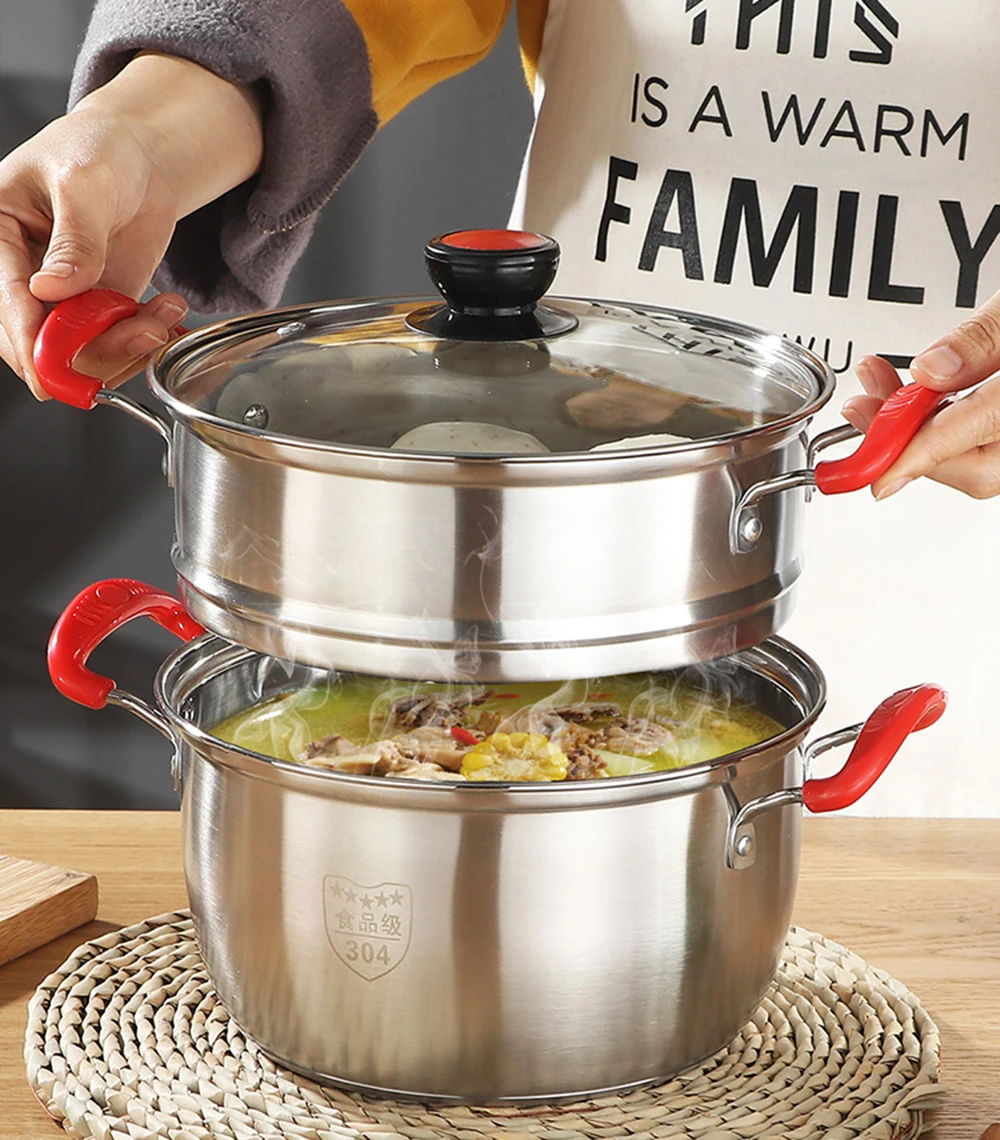 

Stainless Steel Soup Pot Pot 1-3 layer Steamer Cooking Multi-purpose Cookware With Steamer Pot Kitchen Non-stick Pan General Use