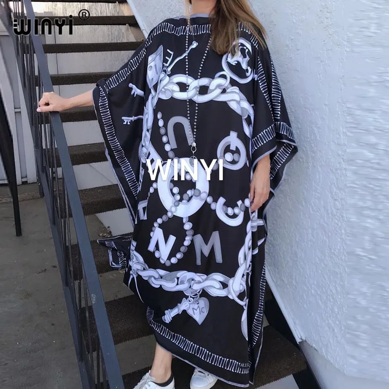 WINYI модное летнее пикантное шелковое платье кафтан с принтом длинное в стиле бохо