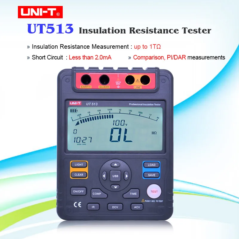 

UNI-T UT513 5000V 1M-1KGOhm Мегаомметр тестер сопротивления изоляции мегомметр хранение данных/Аналоговая гистограмма/DAR/USB Передача данных