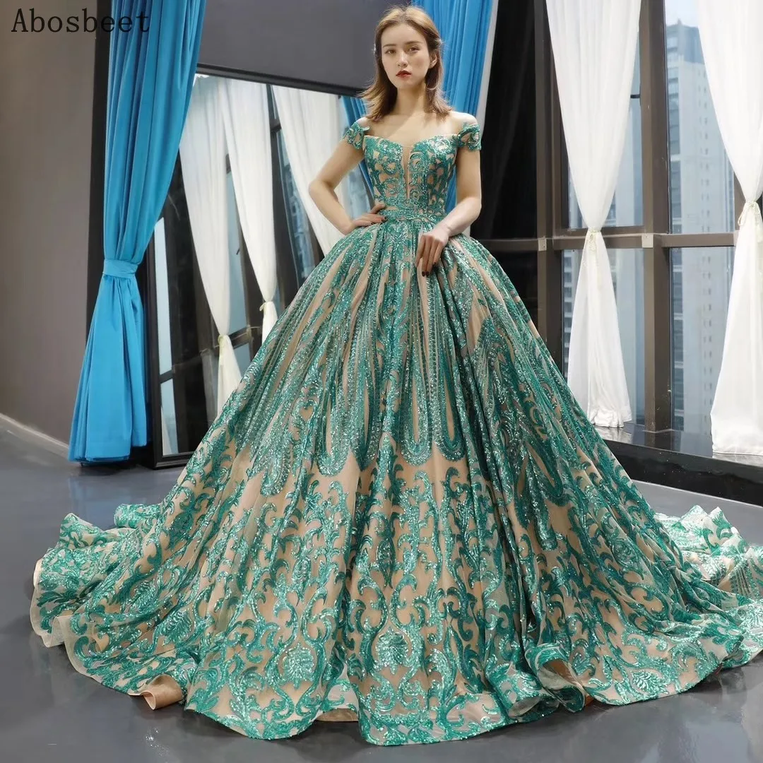 Green Sequins Lace Ball Gown Evening Dress 2021 Elegant Off Shoulder Puffy Prom Women Evening Gown Long Train Champange Lining