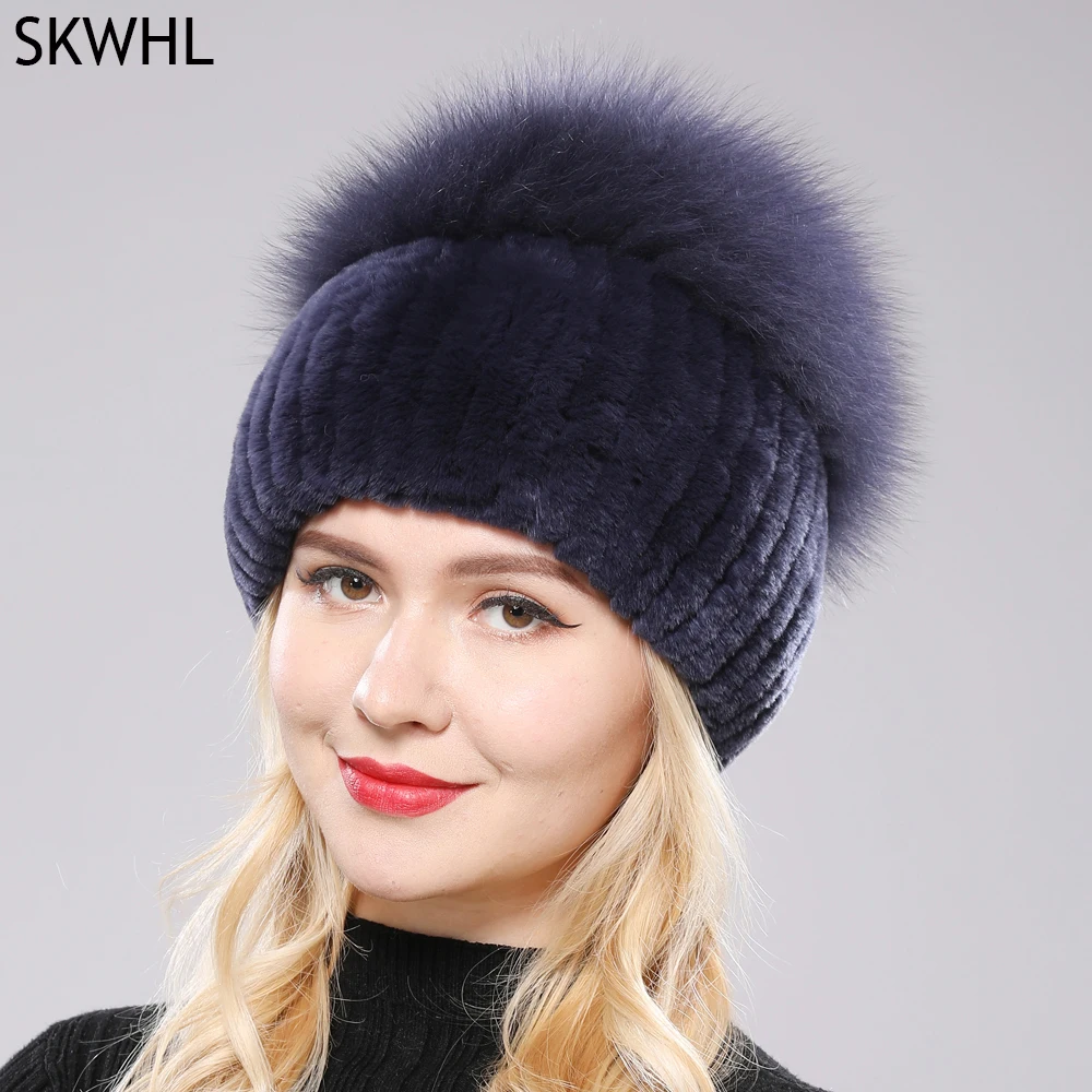 Russia Winter Luxury Women Real Genuine Fox Fur Beanies Hat Girls Natural Real Rex Rabbit Fur Skullies Cap Knitted Real Fur Hats