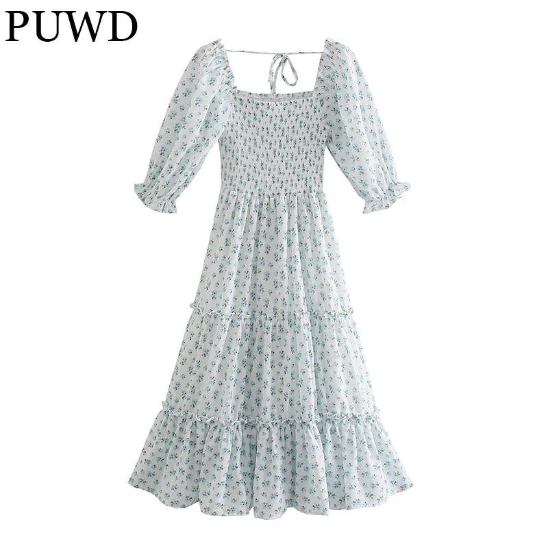 

Женское винтажное платье-миди PUWD, осень 2021, модное женское зеленое воздушное длинное платье с рукавом-фонариком, женское шикарное платье