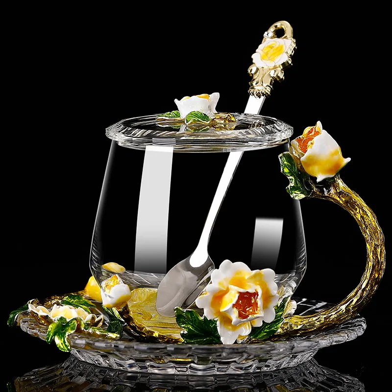 

Европейская аристократическая стильная эмалированная стеклянная кружка, чайная чашка, кофейная кружка, чашки для воды с желтыми цветами и ...