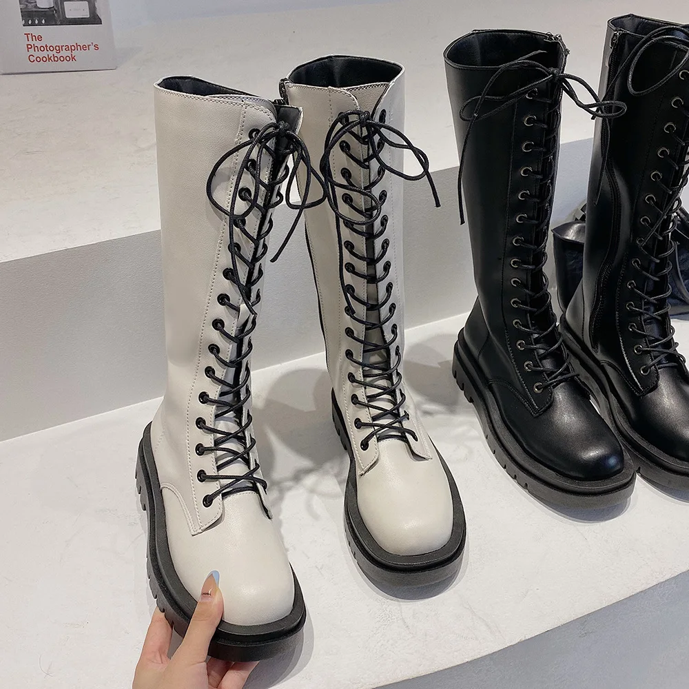 

Chunky Platform Pu Leather Knee High Boots Women Punk Increasing Long Woman Lace Up Booties Mujer 2021 Zip Chelsea
