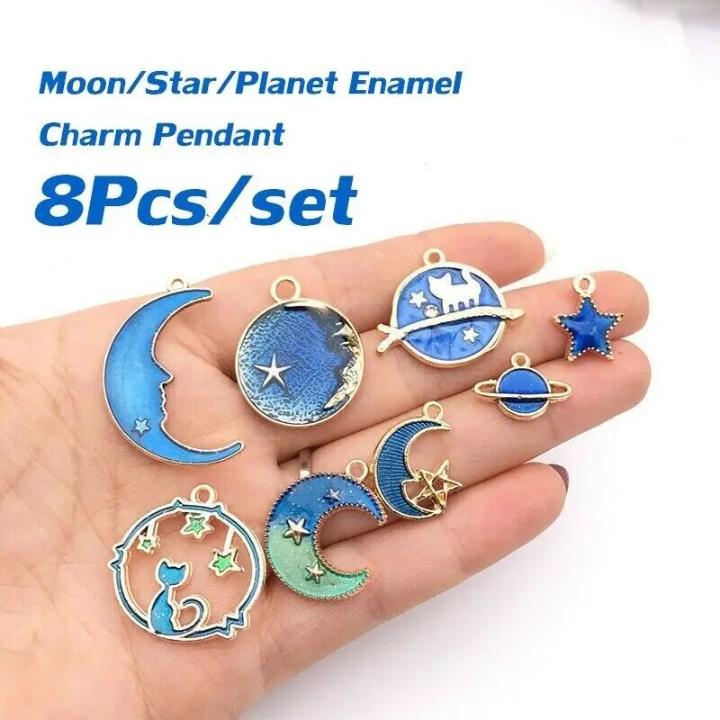 8pcs.set 8 шт. эмалированные Подвески Луна Звезда планета Изысканный Синий кулон набор для ювелирных изделий DIY браслет серьги ожерелье подарок для девочек - Окраска металла: 8pcs.set