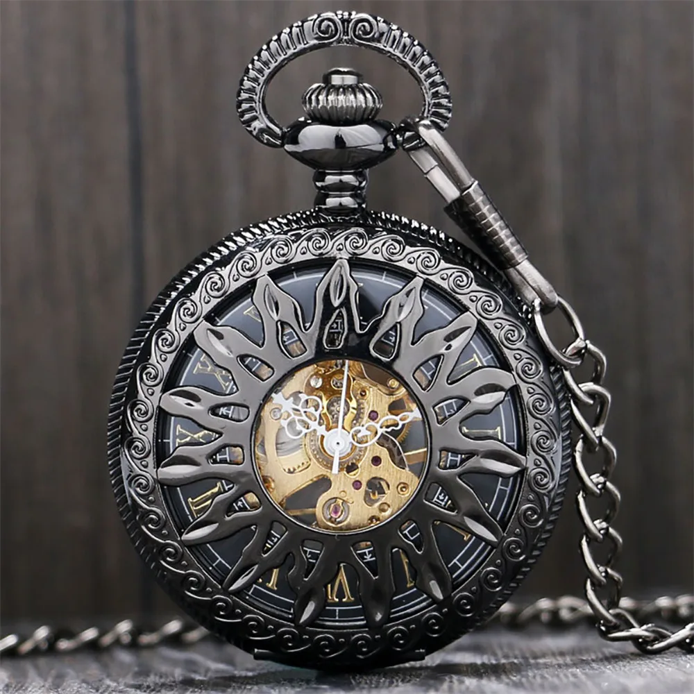 Hollow Sun Pattern Bronze/Gold/Black Mechanical Hand Winding Pocket Watch Male Pendant Clock Exquisite Antique Timepiece Gifts