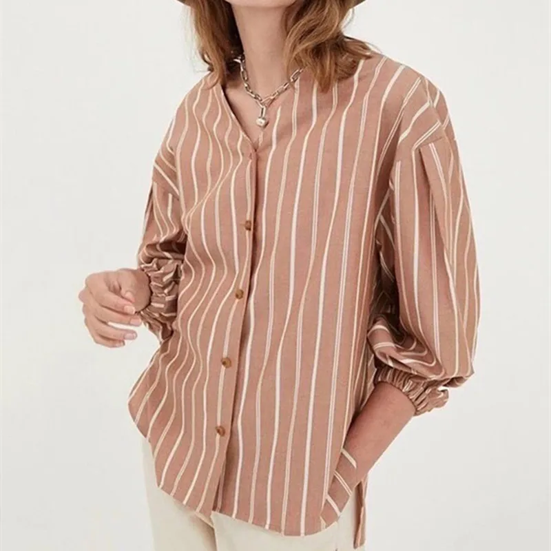 

100% Cotton Women Stripes Blouse Silhouette V-Neck Vertical Long Sleeve Single Breasted Early Autumn New Ladies Simple Shirts