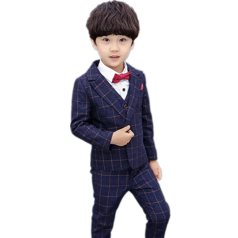 

Boys Plaid Blazer Vest Trouser 3pcs Suit Set Kids Formal Wedding Clothing Set School Boys Performance Costume Children Outfits