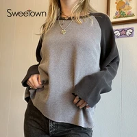 sweetown autumn 2021 ribbed casual woman tshirts contrast patchwork long sleeve loose tees preppy style vintage basic tops y2k