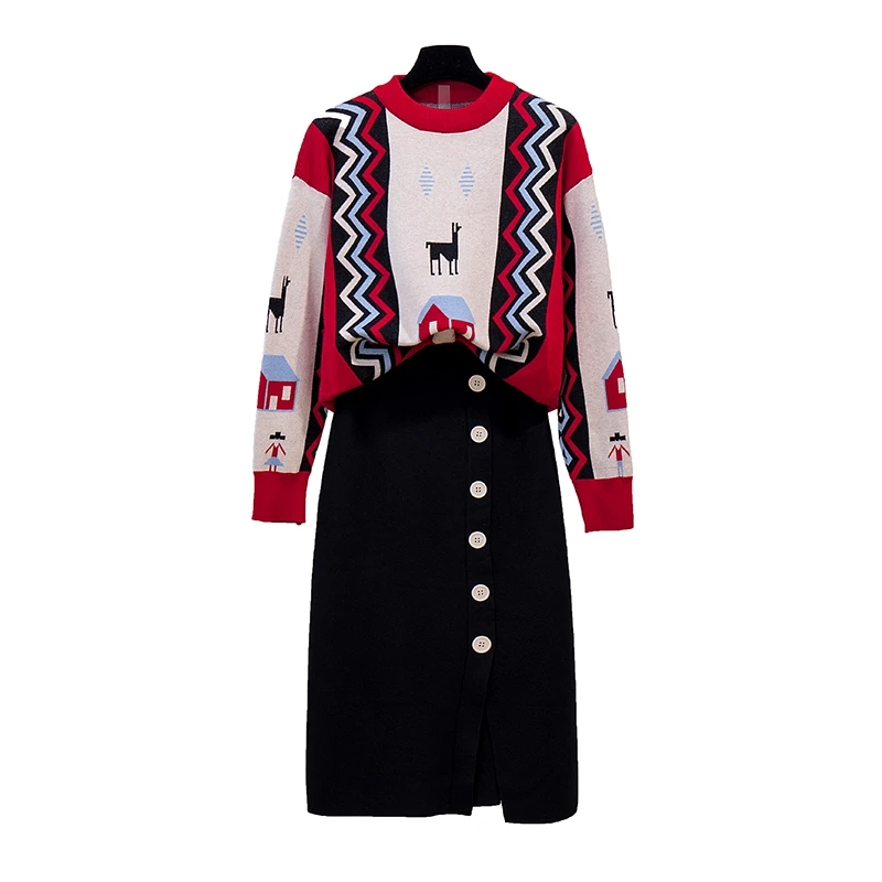 

Autumn Winter Lady French Fashion Women Christmas Pattern Pullover Red Sweater Covered Belly Two-Piece Loose Suit Western Style