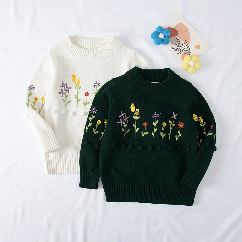 

WLG Kids Girls Sweaters Spring Fall White Green Floral Embroidery Knitted Sweater Baby Girl Casual Clothes