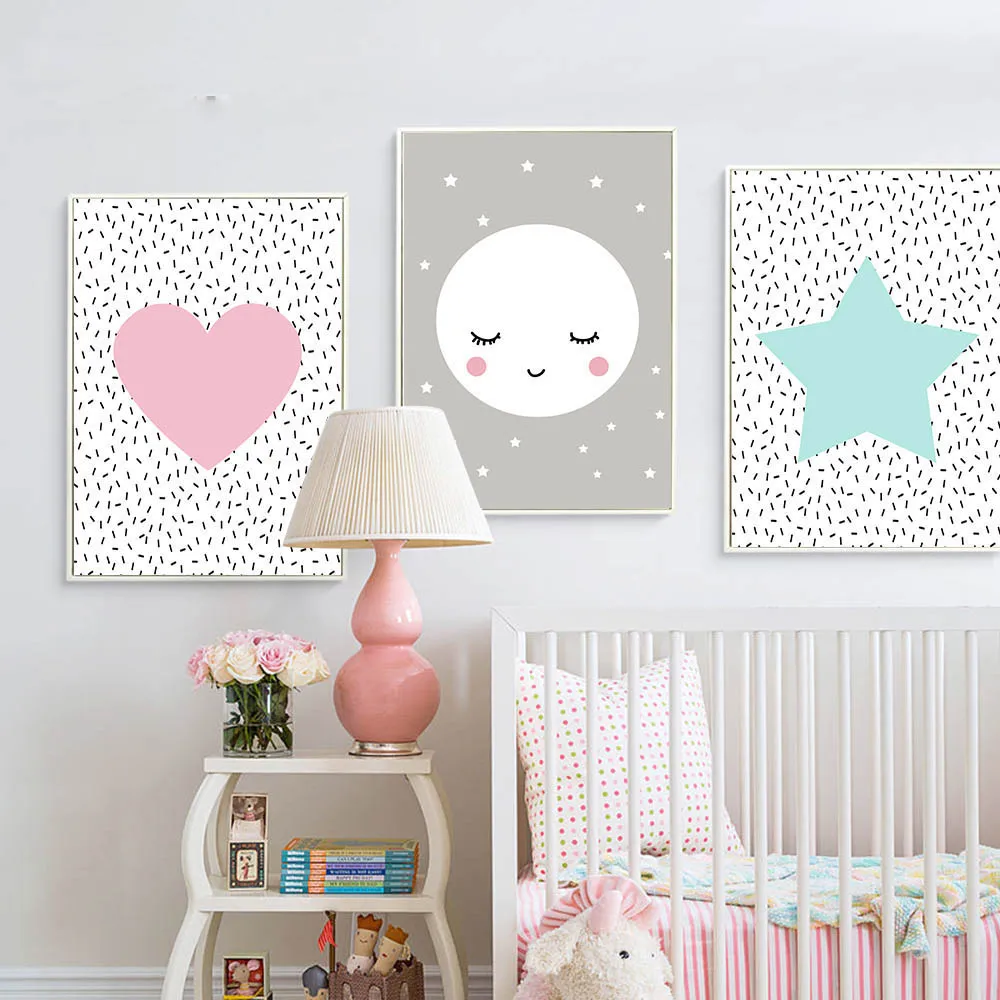 Розовое Сердце Луна Звезда настенное Искусство Холст плакат Kawaii Мультфильм