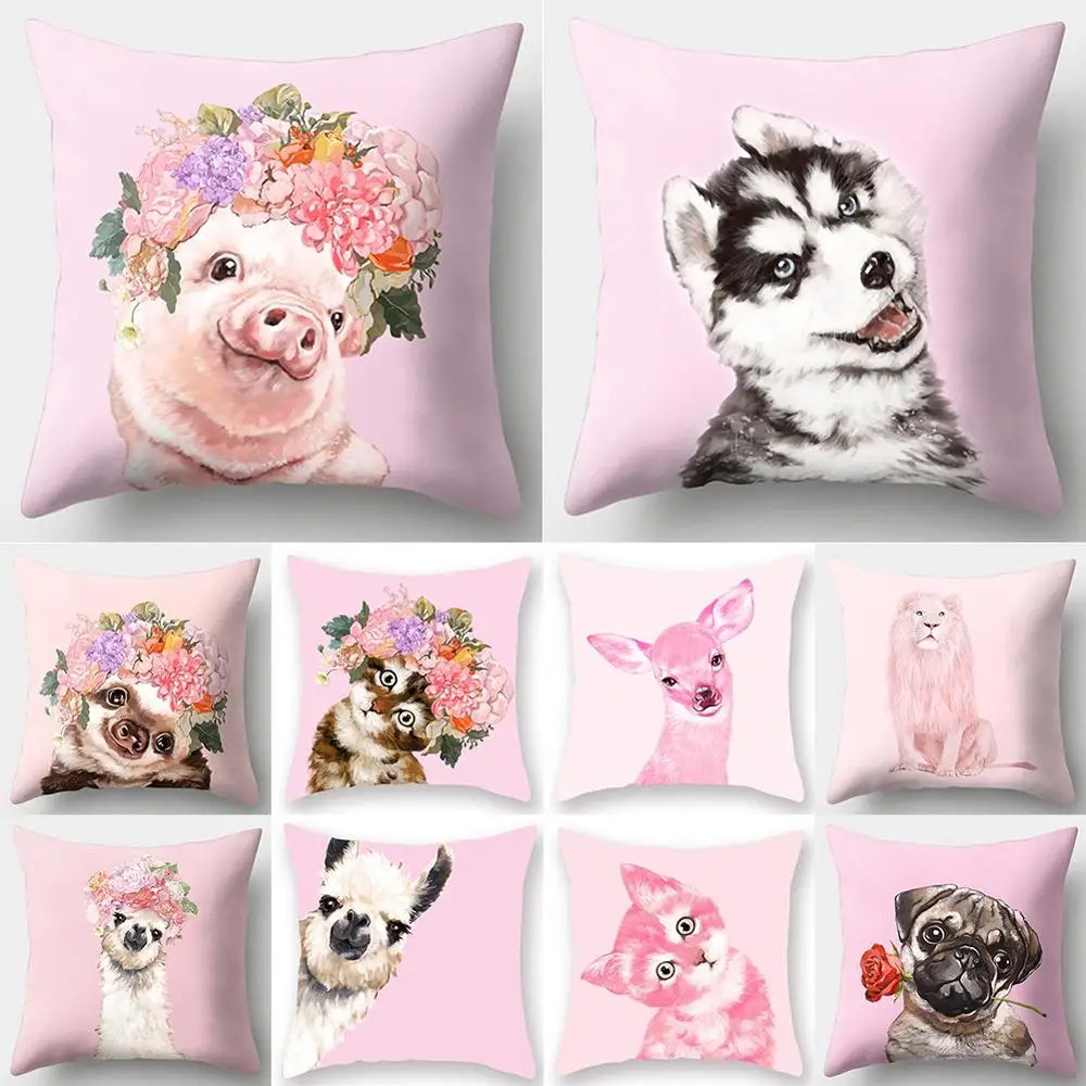 

Pink Lovely Small Animal Elegant Couple Home Decorative Plush Throw Pillow Case Living Room Cushion Cover 45x45 Cm